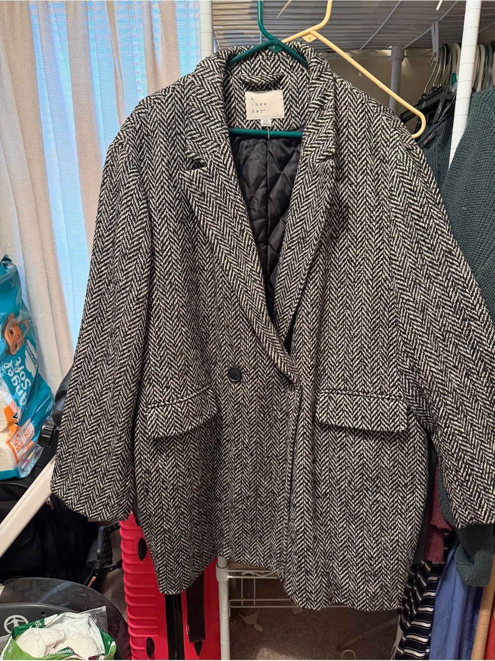 Black & White Herringbone Blazer - Oversized Notch Lapel Jacket